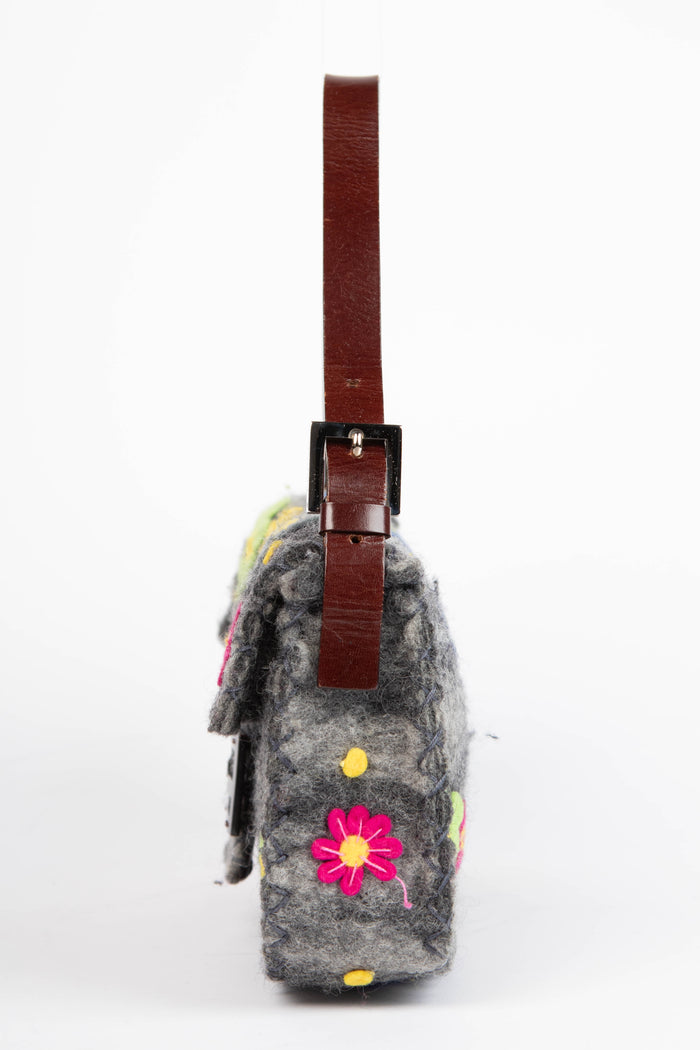 RARE Vintage Fendi Grey Felt Floral Appliqué Baguette Shoulder Bag