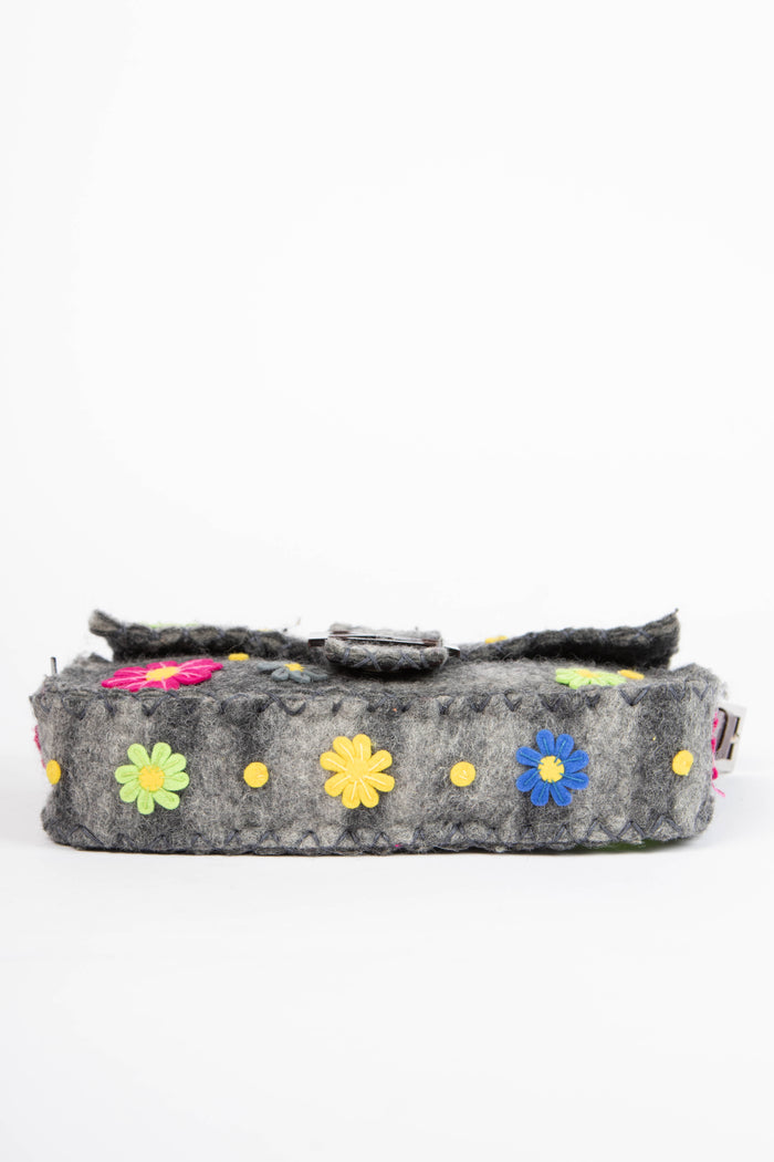 RARE Vintage Fendi Grey Felt Floral Appliqué Baguette Shoulder Bag