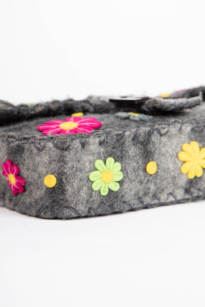 RARE Vintage Fendi Grey Felt Floral Appliqué Baguette Shoulder Bag