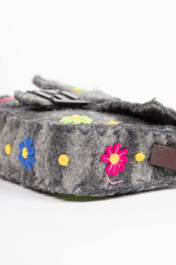 RARE Vintage Fendi Grey Felt Floral Appliqué Baguette Shoulder Bag