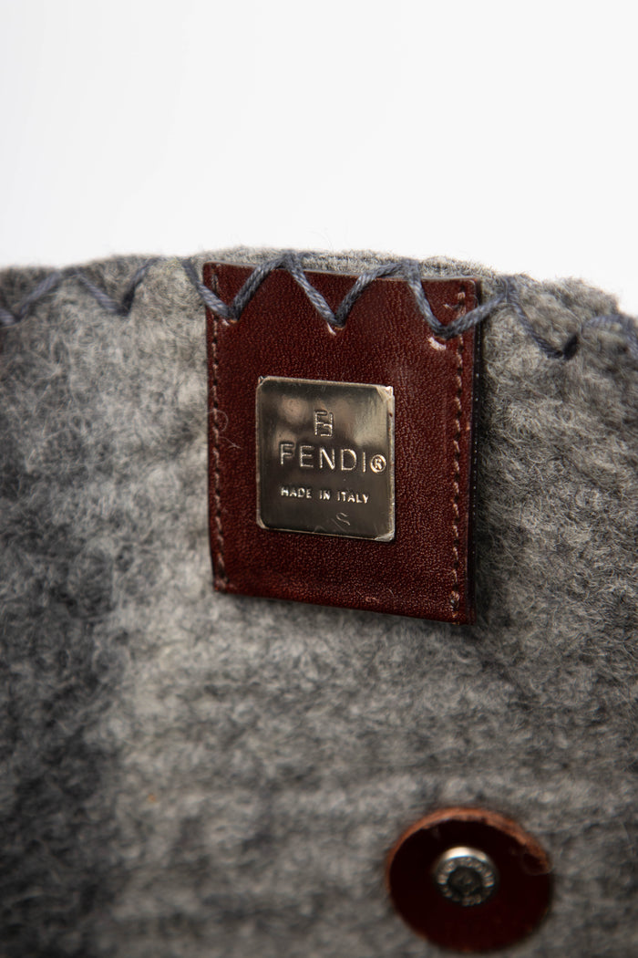 RARE Vintage Fendi Grey Felt Floral Appliqué Baguette Shoulder Bag