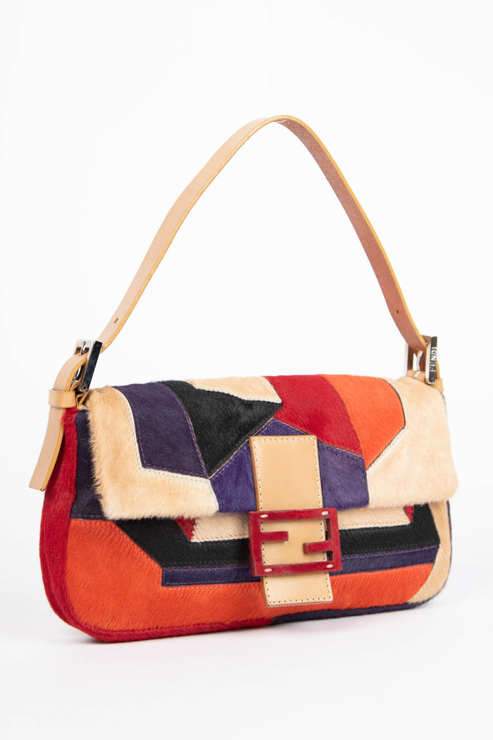 Vintage Fendi Pony Hair Patchwork Baguette Shoulder Bag