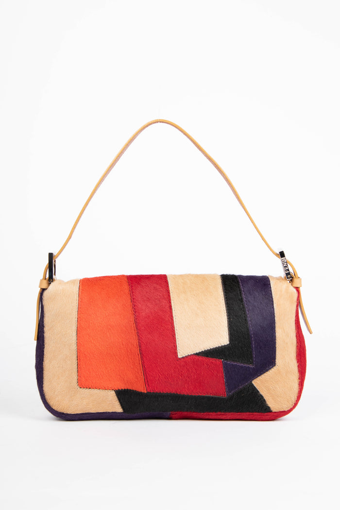 Vintage Fendi Pony Hair Patchwork Baguette Shoulder Bag