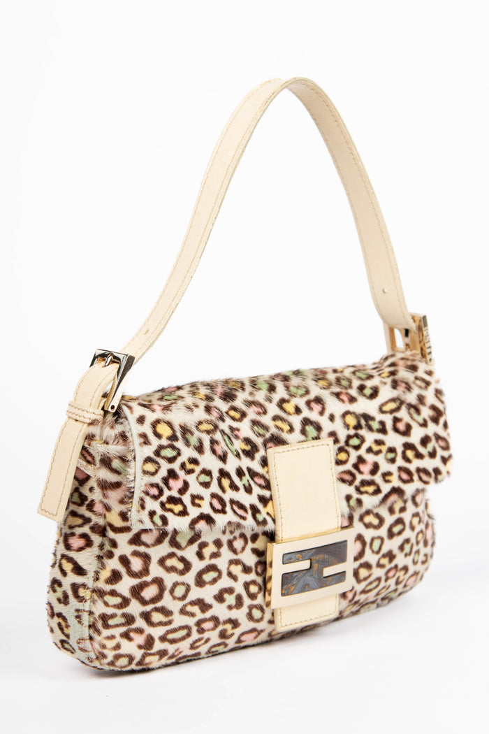 Vintage Fendi Multicoloured Leopard Print Pony Hair Baguette Shoulder Bag