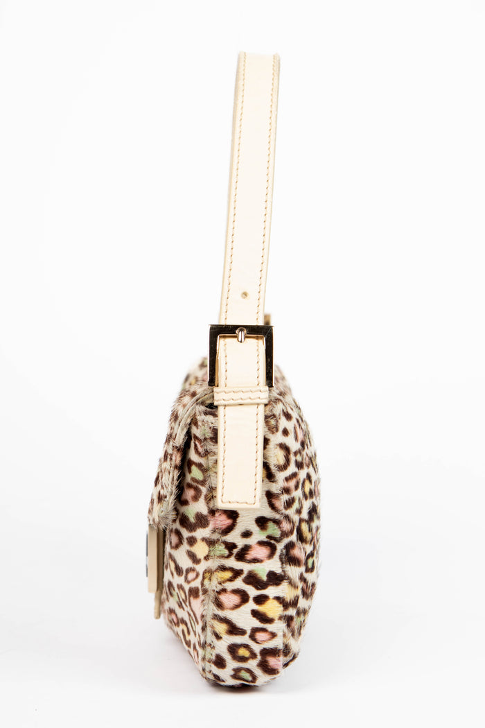 Vintage Fendi Multicoloured Leopard Print Pony Hair Baguette Shoulder Bag