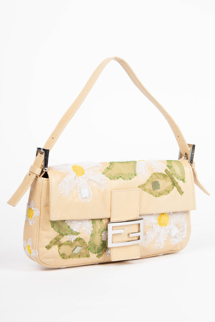 Vintage Fendi Cream Lambskin Baguette with Mesh Flower Appliqué