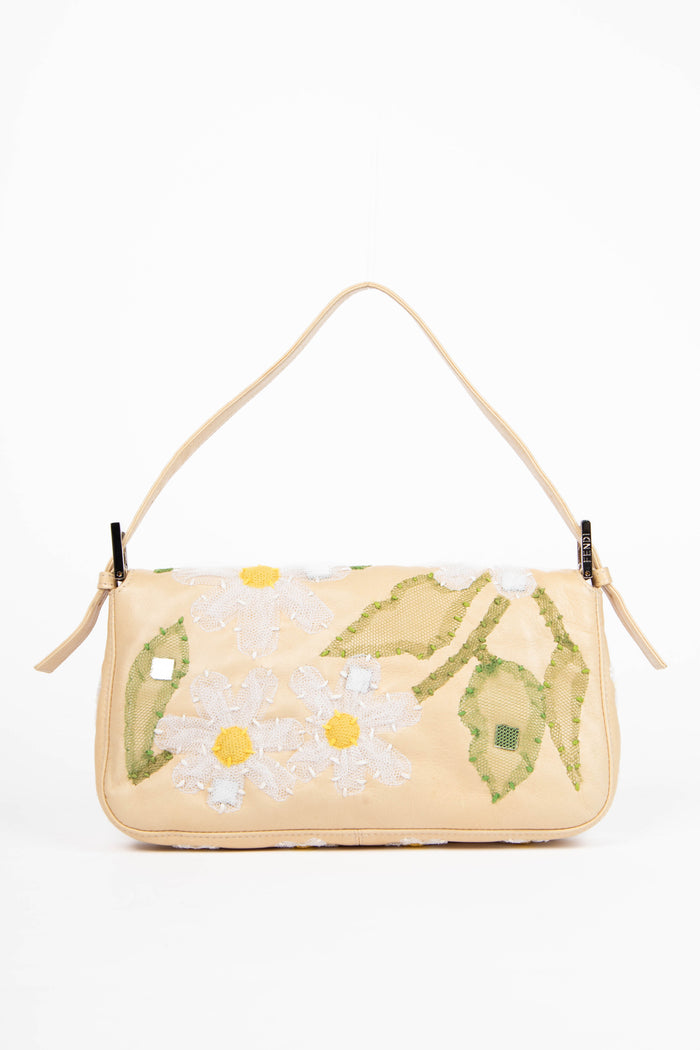Vintage Fendi Cream Lambskin Baguette with Mesh Flower Appliqué