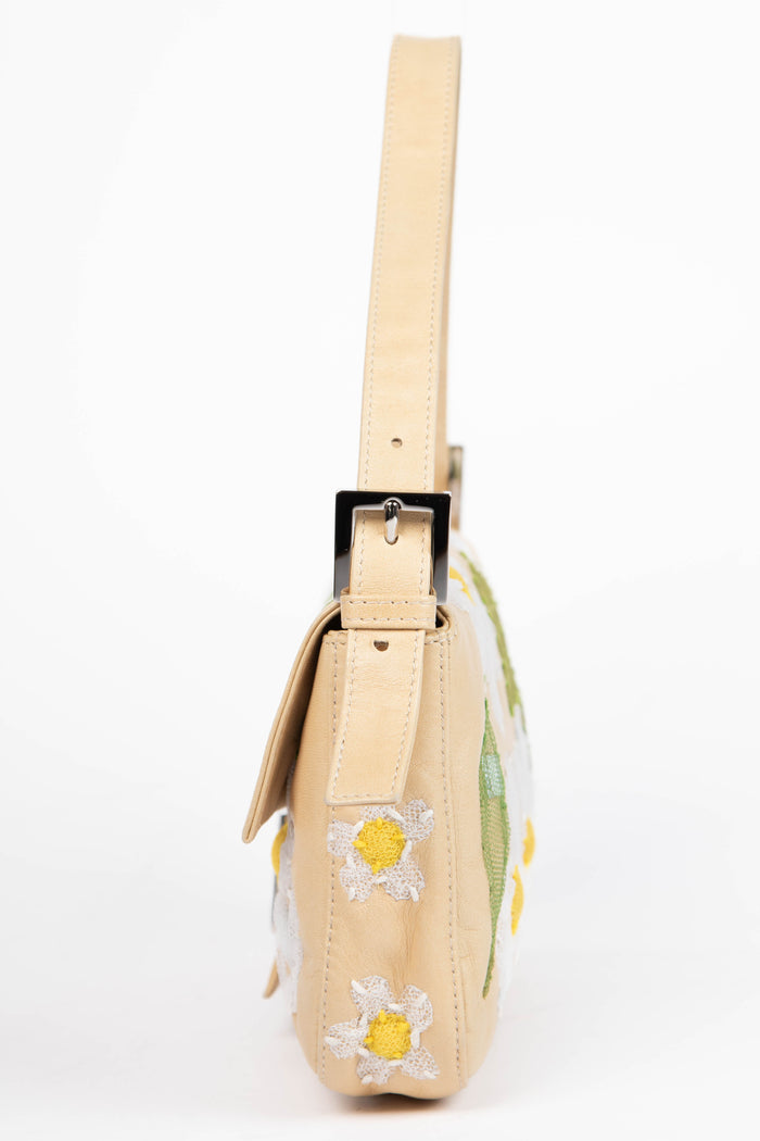 Vintage Fendi Cream Lambskin Baguette with Mesh Flower Appliqué