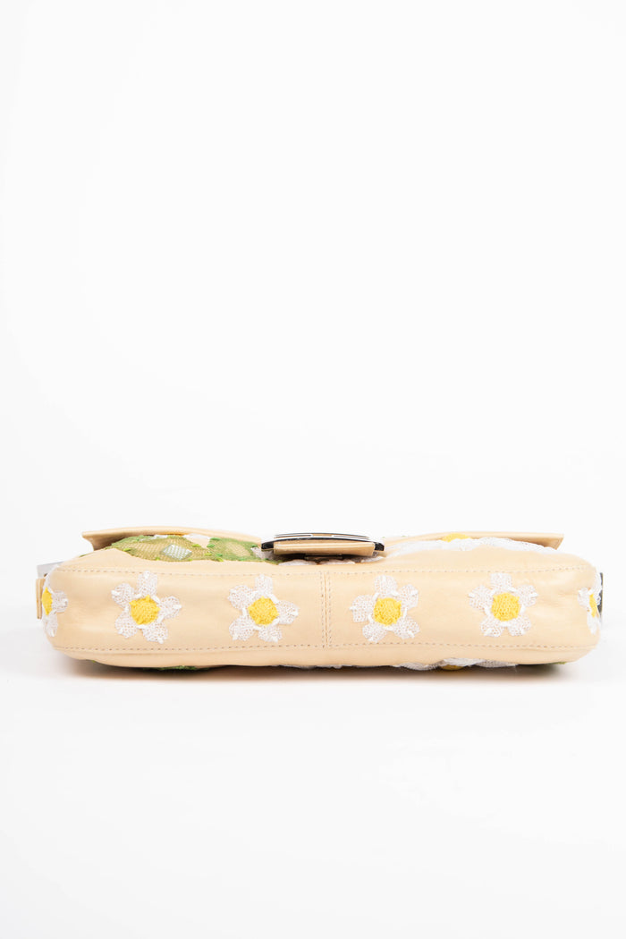 Vintage Fendi Cream Lambskin Baguette with Mesh Flower Appliqué