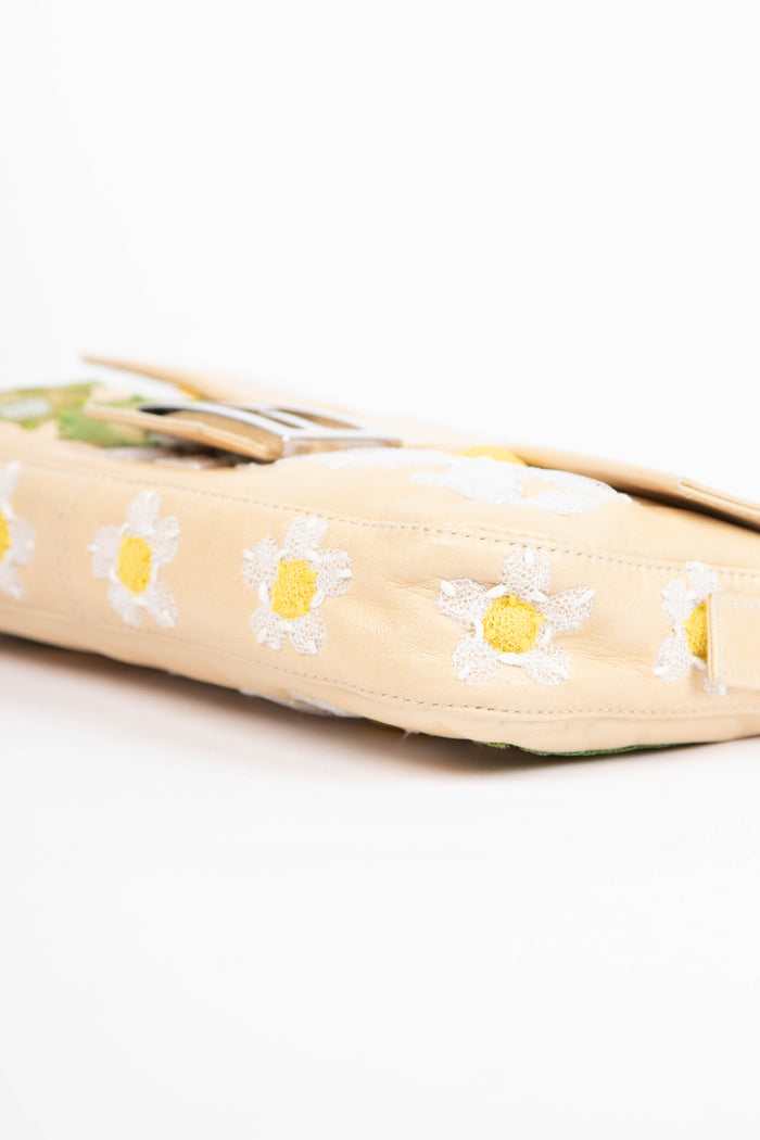 Vintage Fendi Cream Lambskin Baguette with Mesh Flower Appliqué
