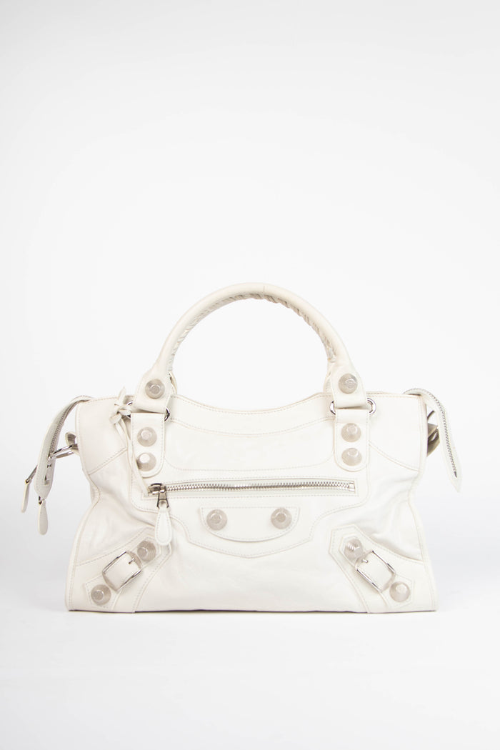 2010s Balenciaga White Leather City Bag with Giant Silver Hardware