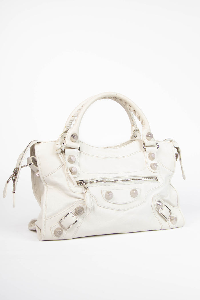 2010s Balenciaga White Leather City Bag with Giant Silver Hardware