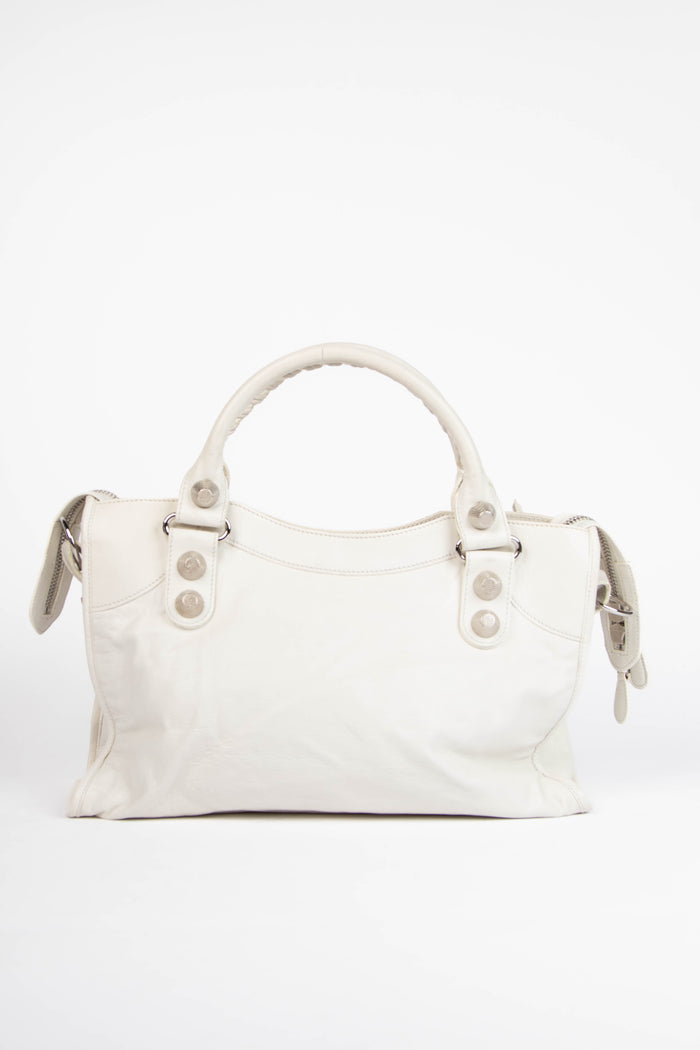 2010s Balenciaga White Leather City Bag with Giant Silver Hardware
