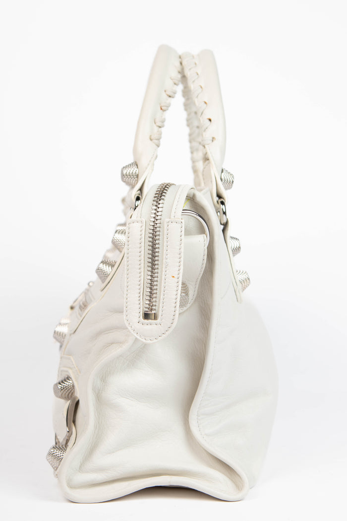 2010s Balenciaga White Leather City Bag with Giant Silver Hardware