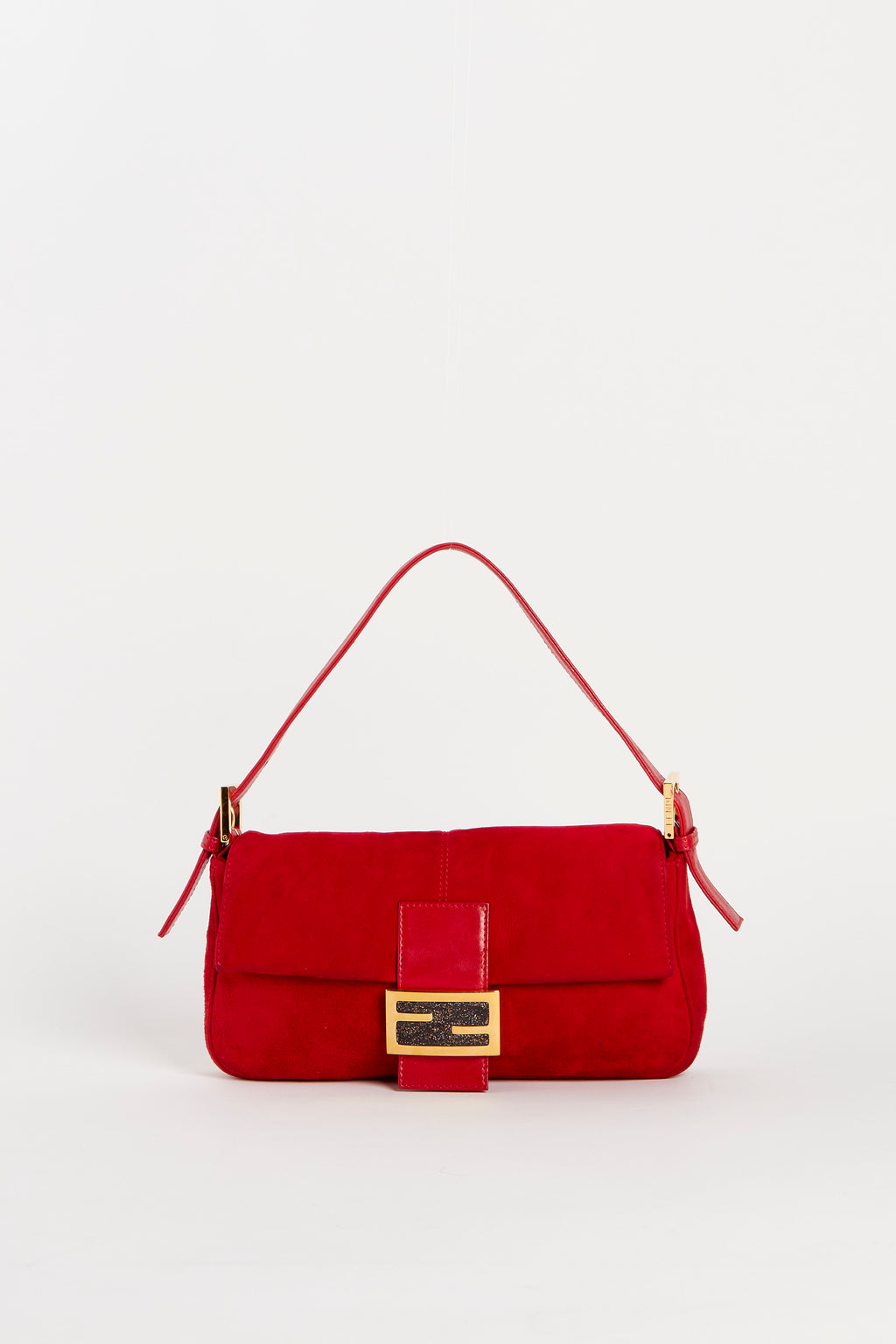 Vintage Fendi Red Suede Baguette Shoulder Bag