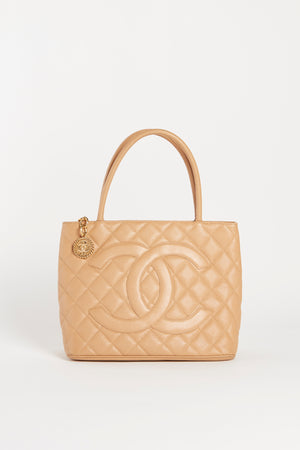 2000s Chanel Beige Caviar Gold Medallion Tote Bag