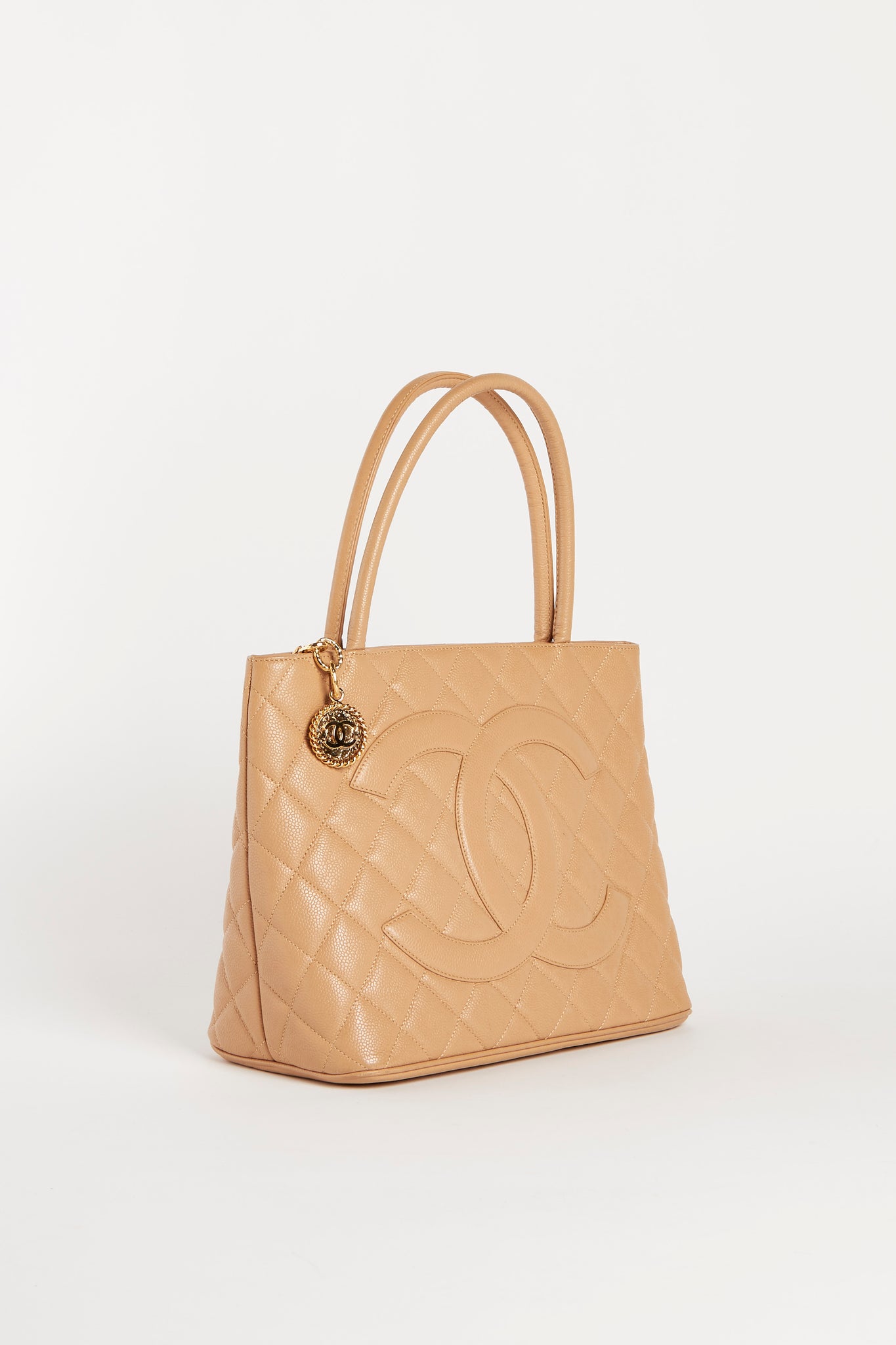 2000s Chanel Beige Caviar Gold Medallion Tote Bag