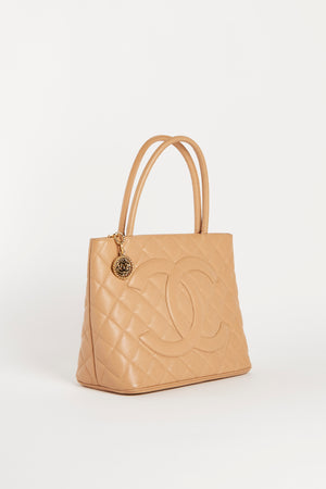 2000s Chanel Beige Caviar Gold Medallion Tote Bag