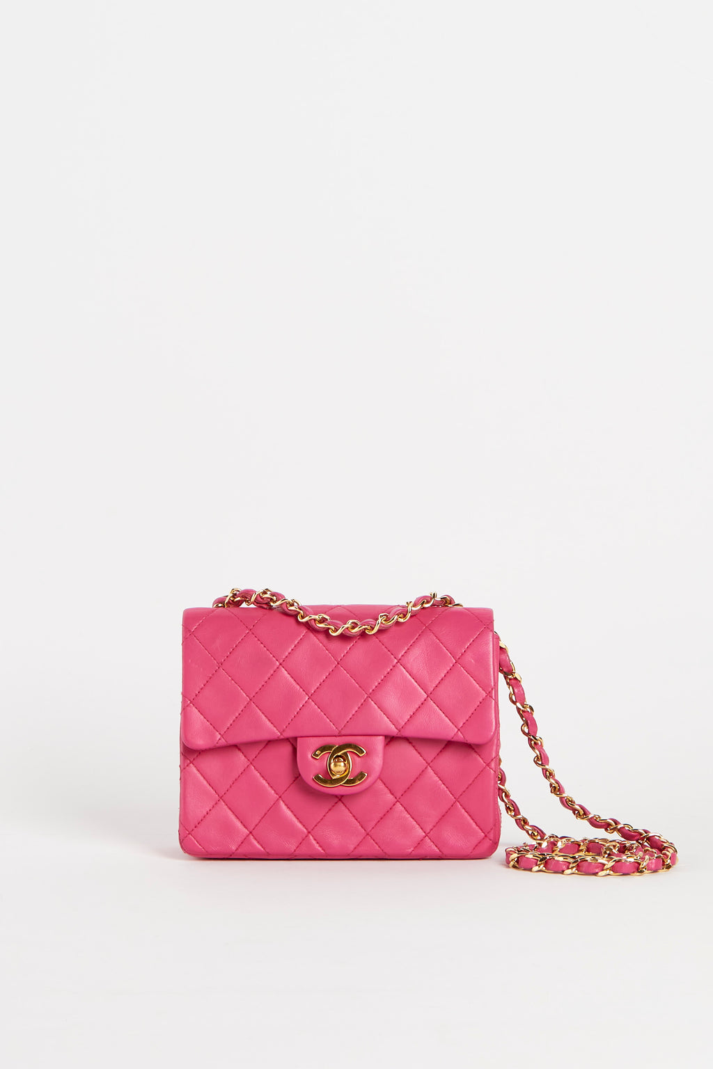 90s Chanel Hot Pink Lambskin Mini Square Bag with 24K GHW