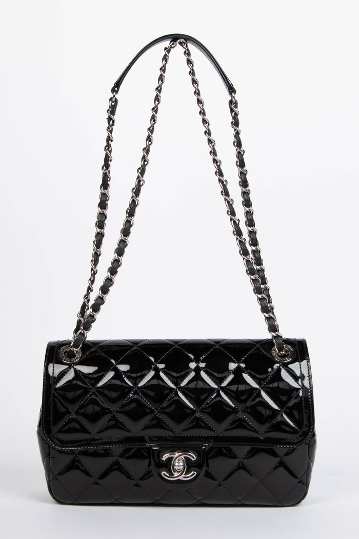 2010s Chanel Black Patent Leather Coco Shine Medium  Flap Shoulder Bag