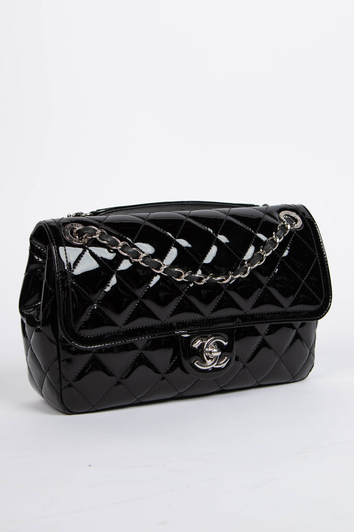 2010s Chanel Black Patent Leather Coco Shine Medium  Flap Shoulder Bag