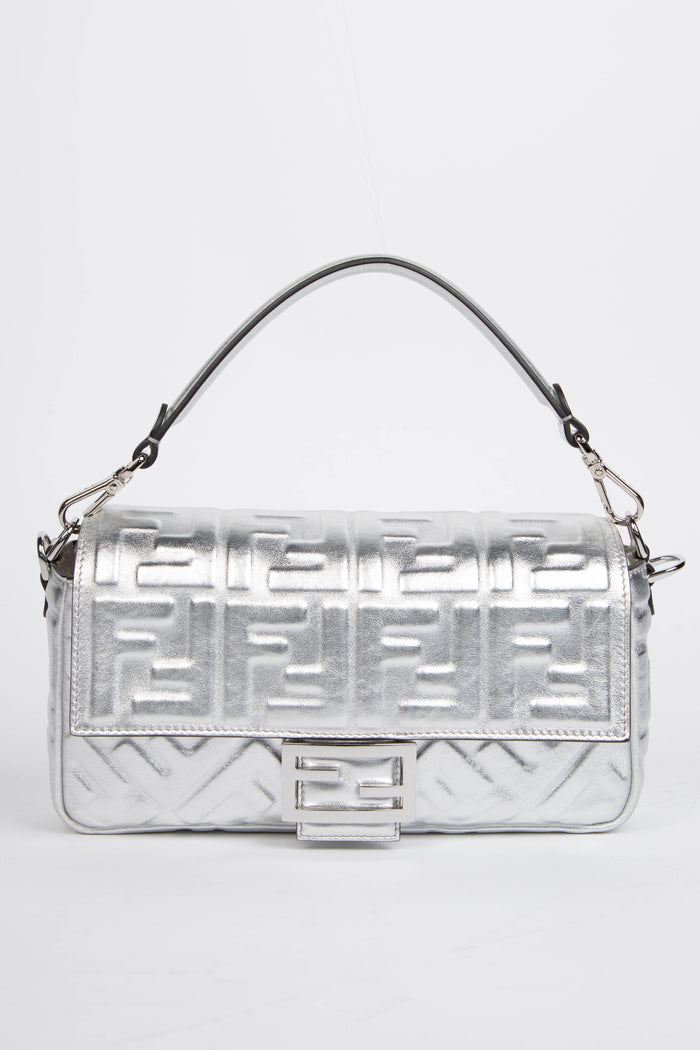 2020s Fendi Silver Leather FF Embossed Baguette Shoulder Bag