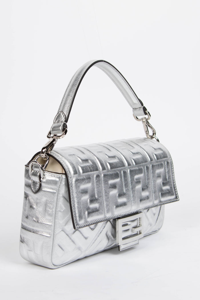 2020s Fendi Silver Leather FF Embossed Baguette Shoulder Bag