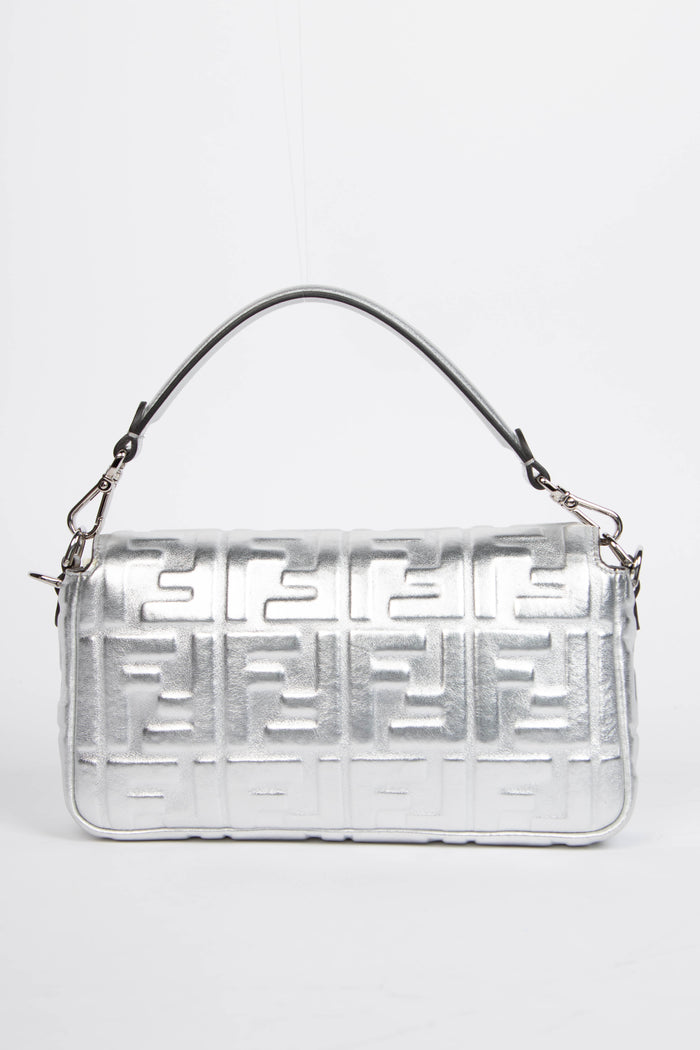2020s Fendi Silver Leather FF Embossed Baguette Shoulder Bag