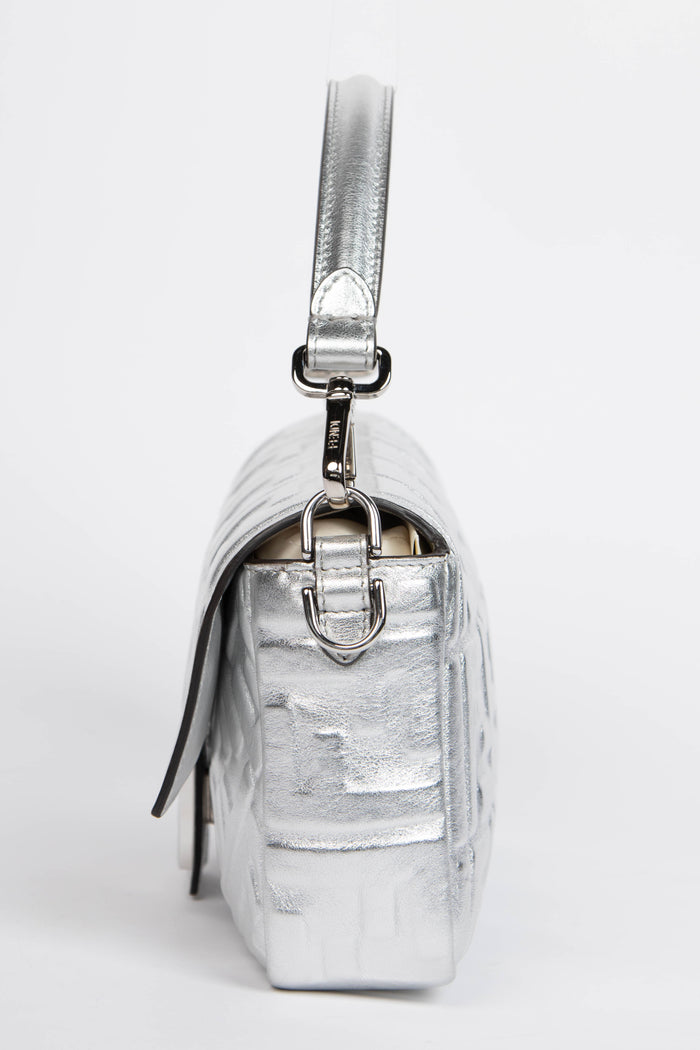 2020s Fendi Silver Leather FF Embossed Baguette Shoulder Bag