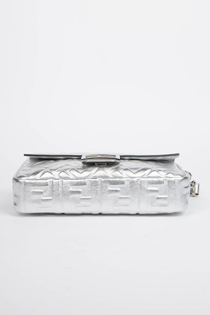 2020s Fendi Silver Leather FF Embossed Baguette Shoulder Bag