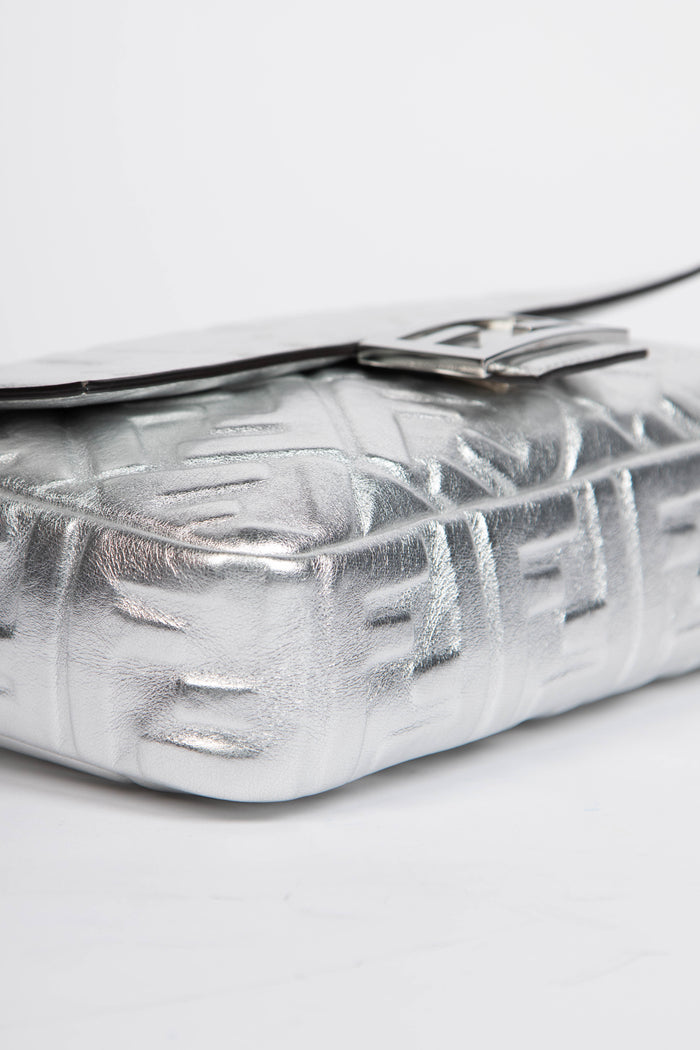2020s Fendi Silver Leather FF Embossed Baguette Shoulder Bag