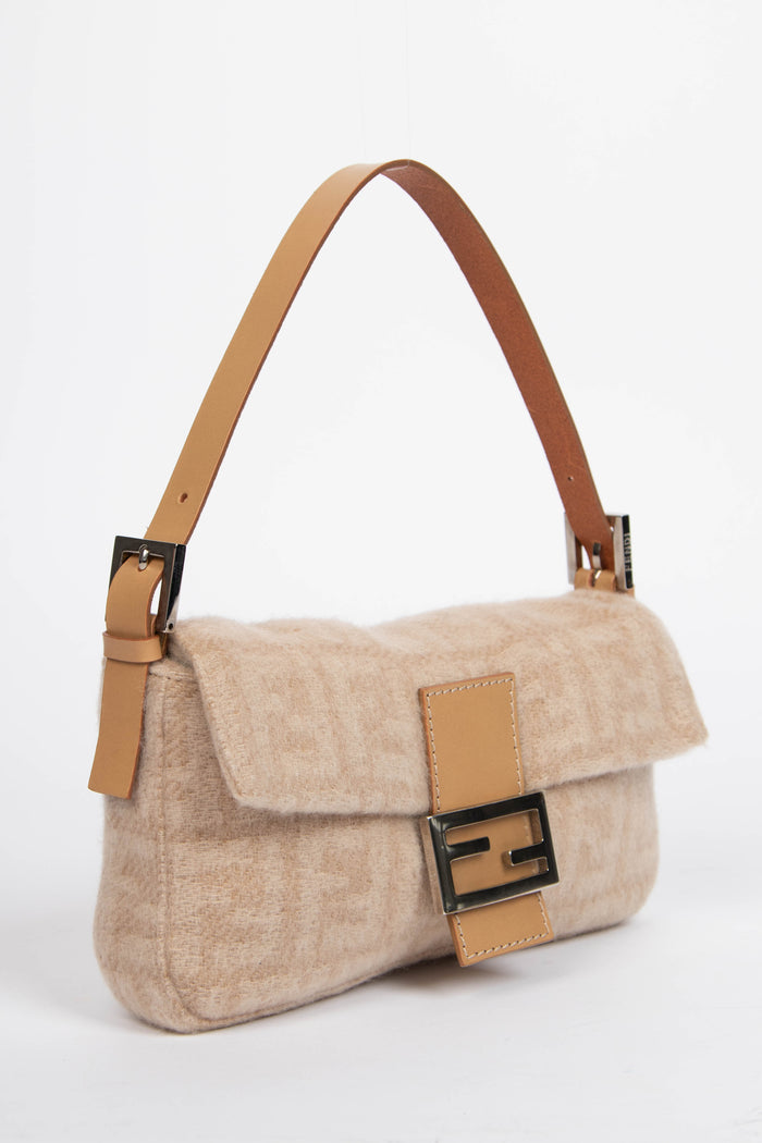 Vintage Fendi Beige Zucca Cashmere Baguette Shoulder Bag