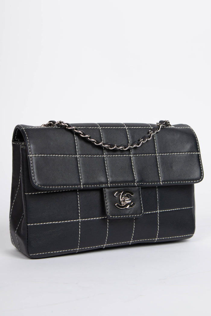 Vintage Chanel Black Calfskin Leather Chocolate Bar Flap Shoulder Bag