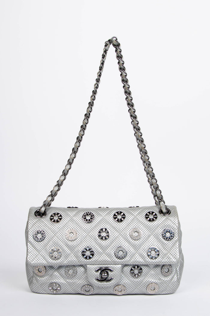 RARE 2010s Chanel Paris-Dubai Silver Perforated Medium Flap Bag