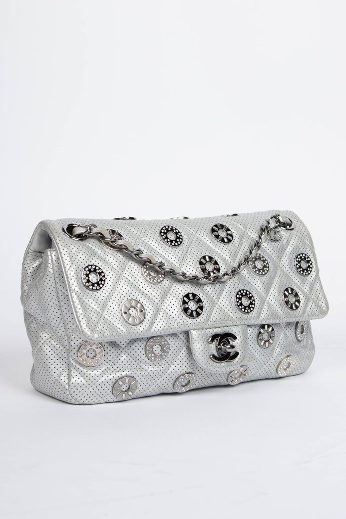 RARE 2010s Chanel Paris-Dubai Silver Perforated Medium Flap Bag