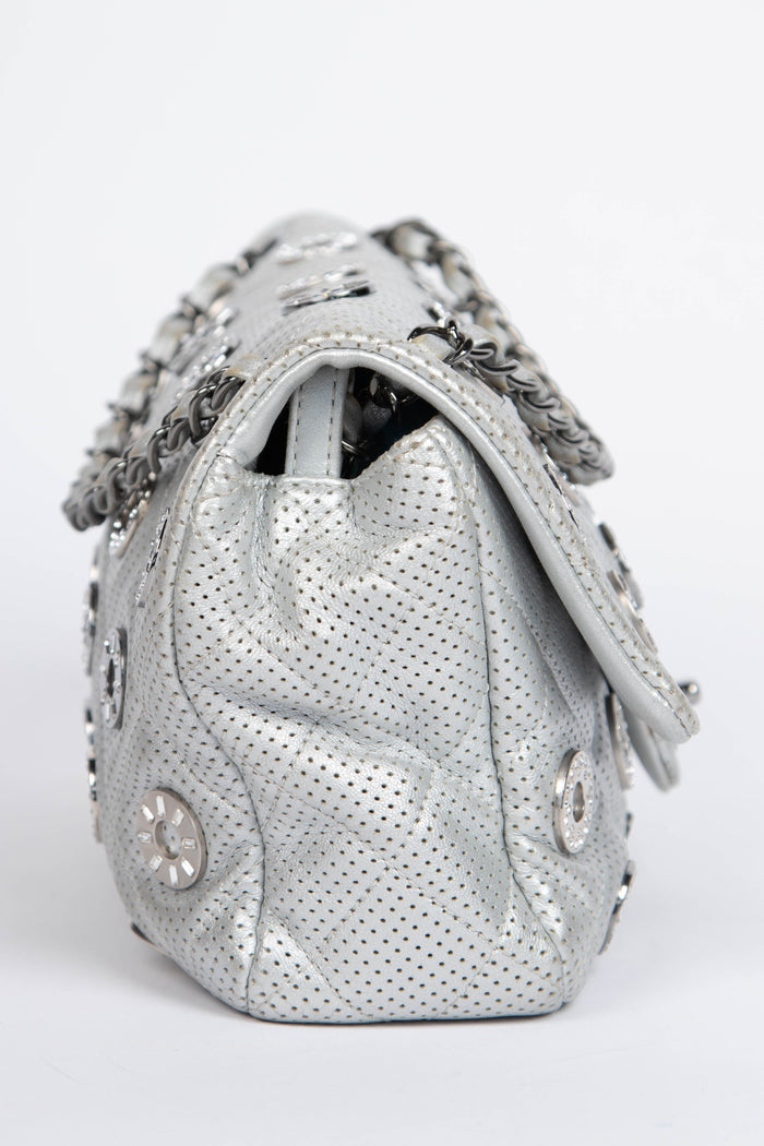 RARE 2010s Chanel Paris-Dubai Silver Perforated Medium Flap Bag