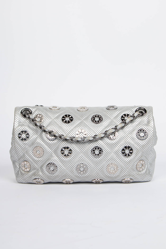 RARE 2010s Chanel Paris-Dubai Silver Perforated Medium Flap Bag