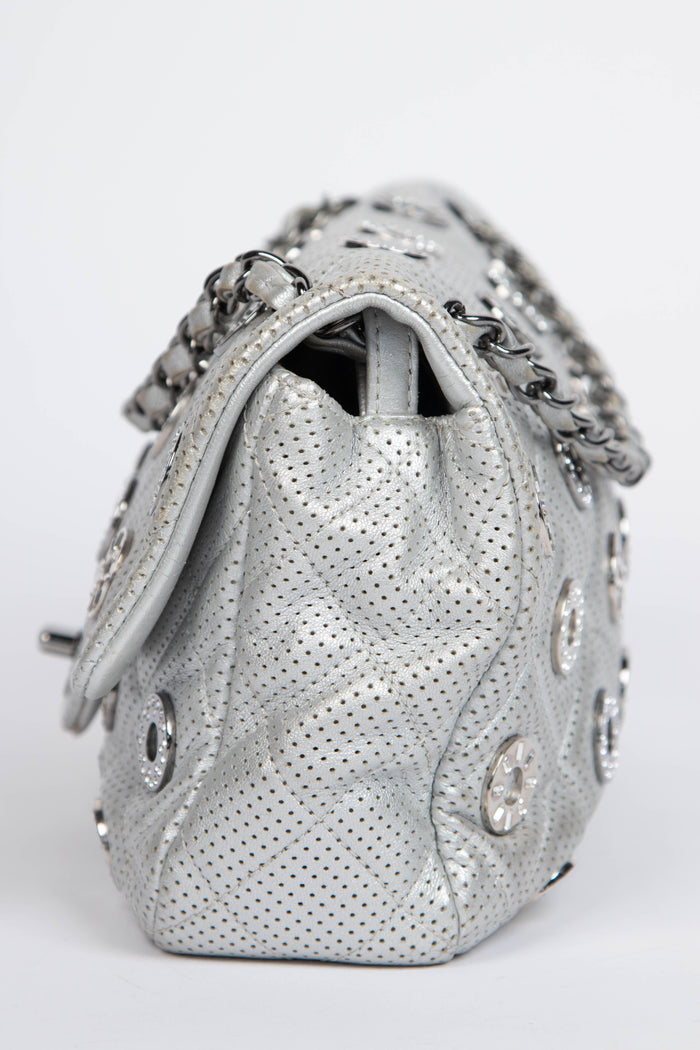 RARE 2010s Chanel Paris-Dubai Silver Perforated Medium Flap Bag