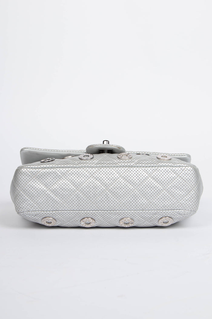 RARE 2010s Chanel Paris-Dubai Silver Perforated Medium Flap Bag