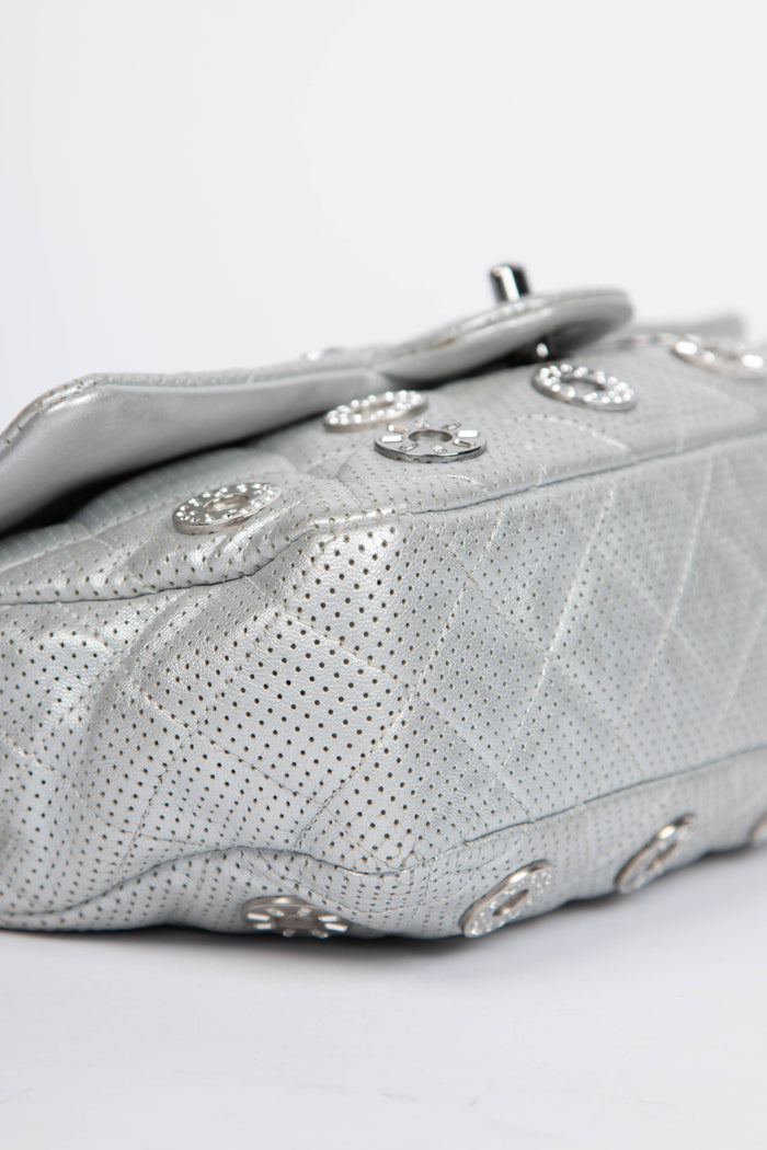 RARE 2010s Chanel Paris-Dubai Silver Perforated Medium Flap Bag