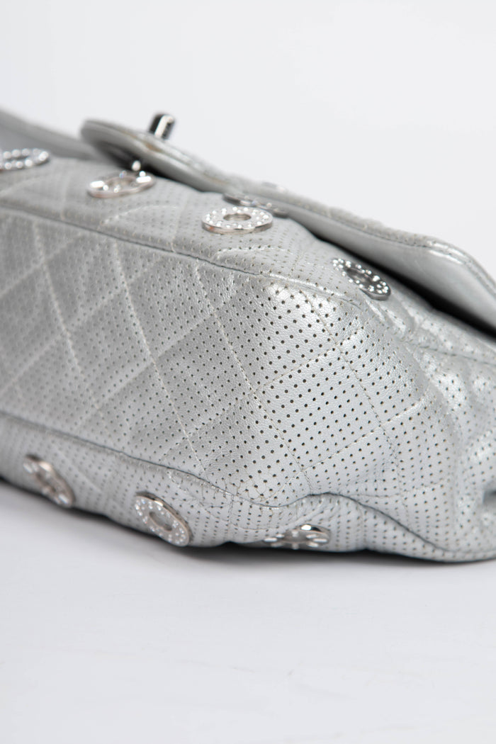 RARE 2010s Chanel Paris-Dubai Silver Perforated Medium Flap Bag
