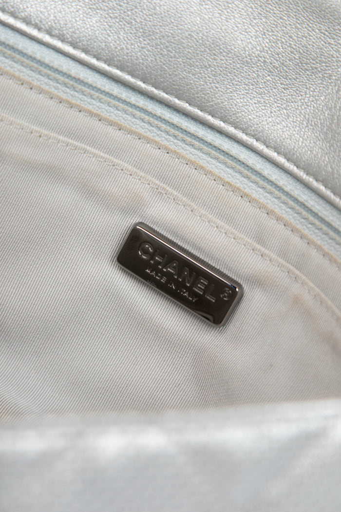 RARE 2010s Chanel Paris-Dubai Silver Perforated Medium Flap Bag