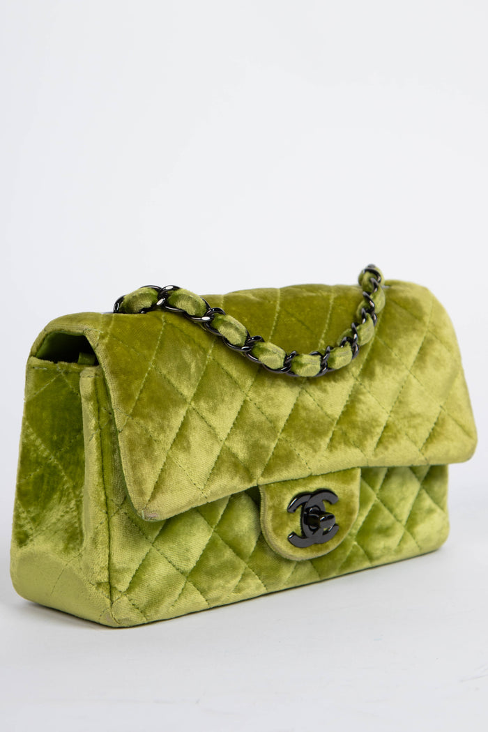 RARE 2010s Chanel Green Velvet Mini Rectangular Single Flap Bag