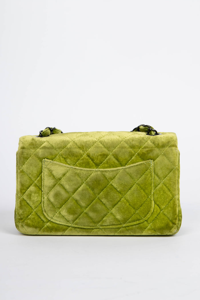 RARE 2010s Chanel Green Velvet Mini Rectangular Single Flap Bag