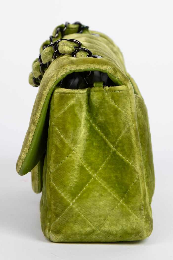 RARE 2010s Chanel Green Velvet Mini Rectangular Single Flap Bag