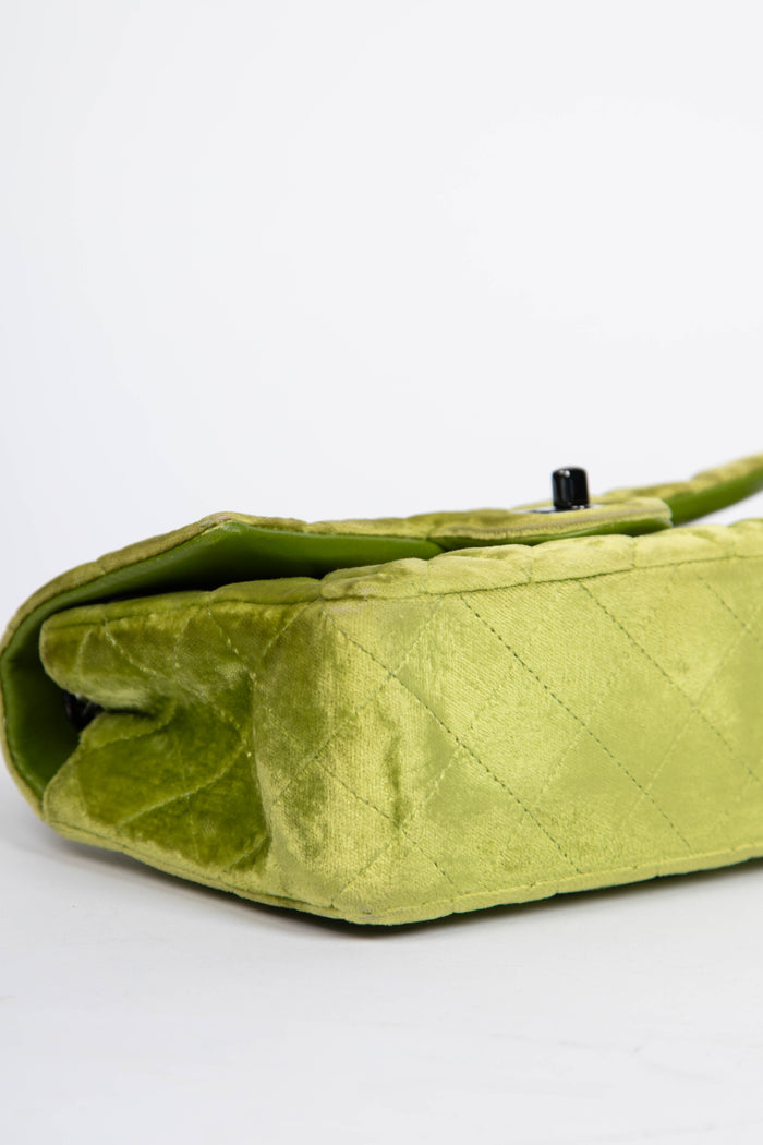RARE 2010s Chanel Green Velvet Mini Rectangular Single Flap Bag