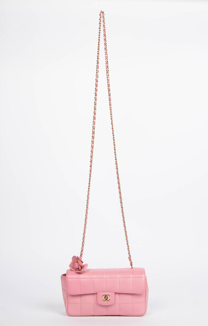 2000s Chanel Pink Lambskin Leather Mini Camellia Chocolate Bar Crossbody Bag