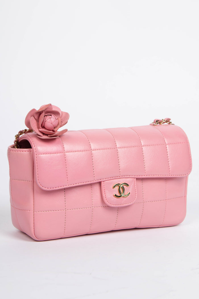 2000s Chanel Pink Lambskin Leather Mini Camellia Chocolate Bar Crossbody Bag
