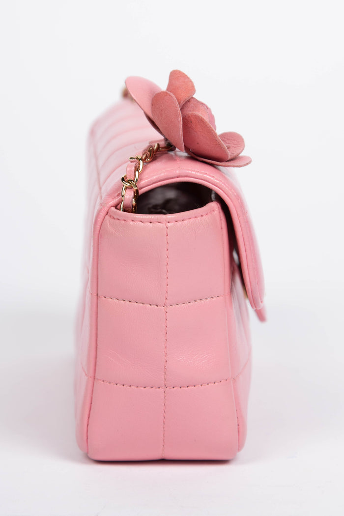 2000s Chanel Pink Lambskin Leather Mini Camellia Chocolate Bar Crossbody Bag