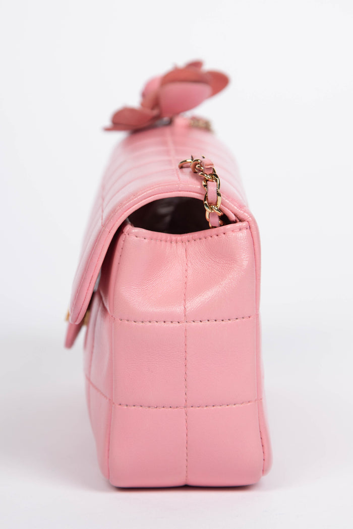 2000s Chanel Pink Lambskin Leather Mini Camellia Chocolate Bar Crossbody Bag